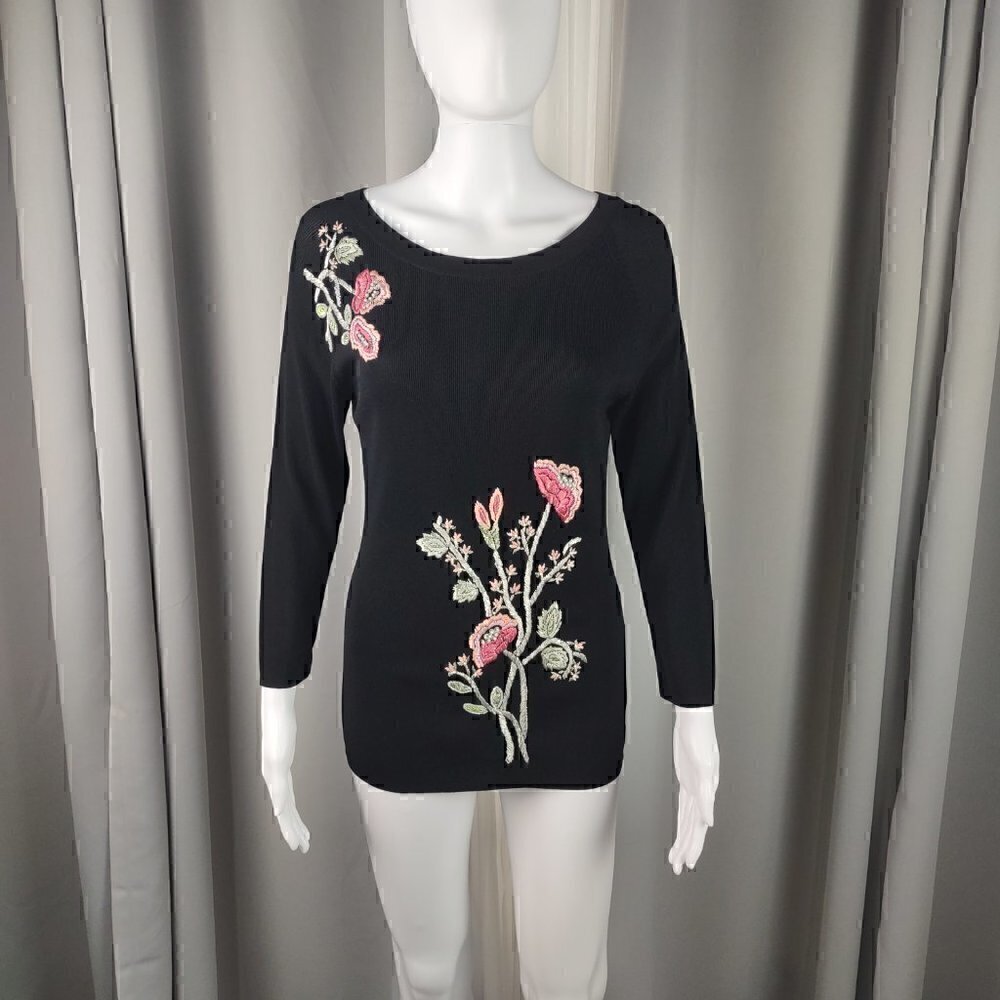 Ziani Couture Rayon, Nylon Black Top With Flora Embroidery. Size Medium